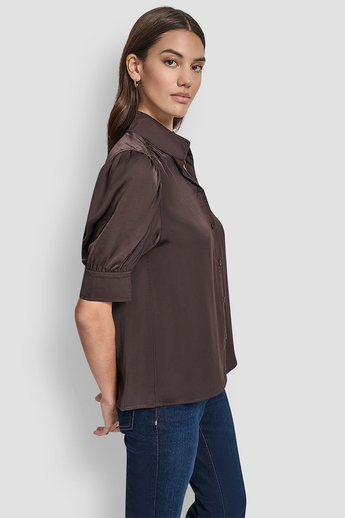 PUFF SLEEVE COLLARLESS SHIRT - Image 3